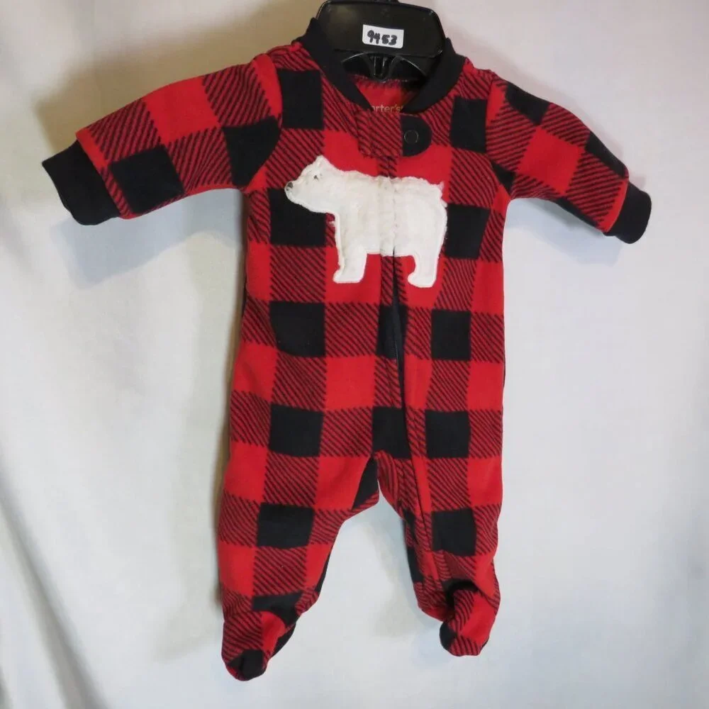 Baby Red & Black Buffalo Check zippered-footed bodysuit with fleece Polar Bear